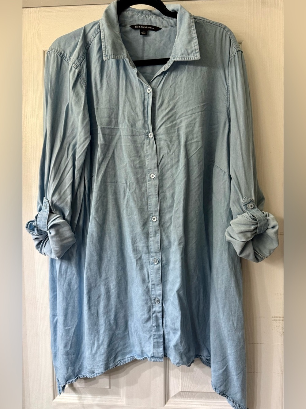 Zac & Rachel Woman's Blouse Blue Flowy Adjustable Sleeve Button Up, 2X